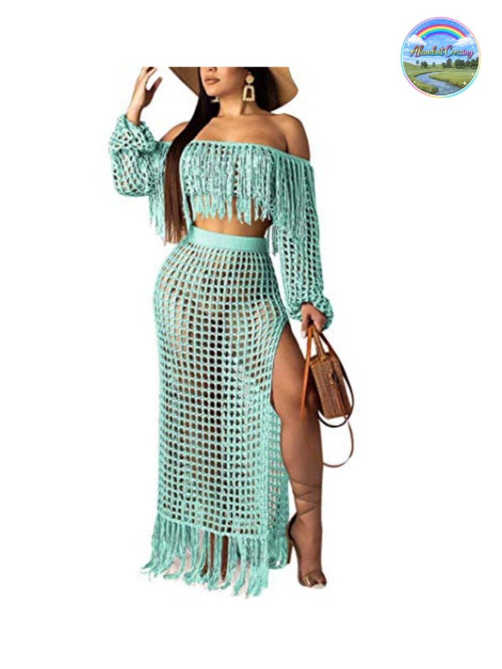 Crochet 2 Piece Set Off Shoulder Crop Top Fringe Maxi Skirt Beach Coverup